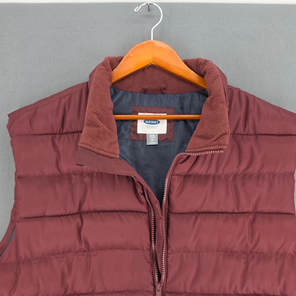 Old Navy Mens Puffer Vest Burgundy Maroon Quilted Full Zip Fleece Collar 3XLT